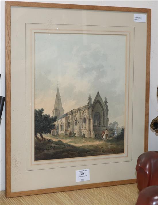 James Bourne (1773-1854), View of an Abbey with figures, signed, 32.5 x 26cm